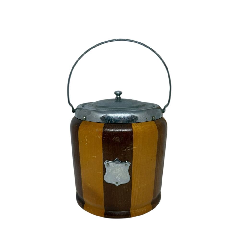 Mid‑20th Century English Striped Oak Biscuit Barrel Cream Glaze Interior
